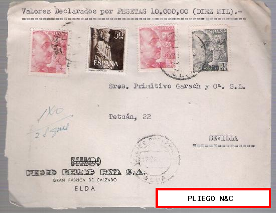 Frontal de Carta con membrete. De Elda a Sevilla 17-Abril-50. Franqueado con 2 sellos 1058, 1 sello 931 y 1130