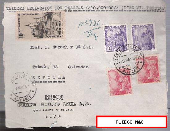 Frontal de carta con membrete. De Elda a Sevilla 18-Mayo-51