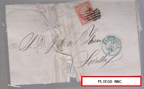 Carta de Barcelona a Sevilla. De 15 Julio 1856. Franqueado con sello 48, matasello parrilla y fechador verde