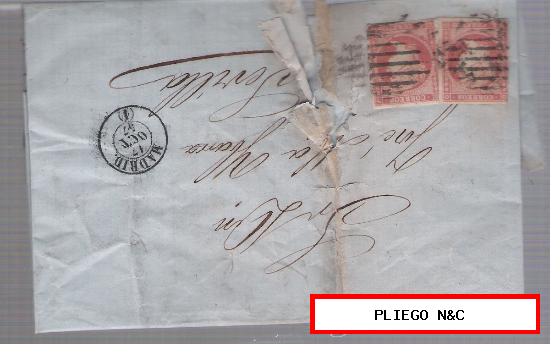 Carta de Madrid a Sevilla. De 17 Octubre 1857. Franqueado con pareja de sellos 48, matasellos parrilla y fechador negro