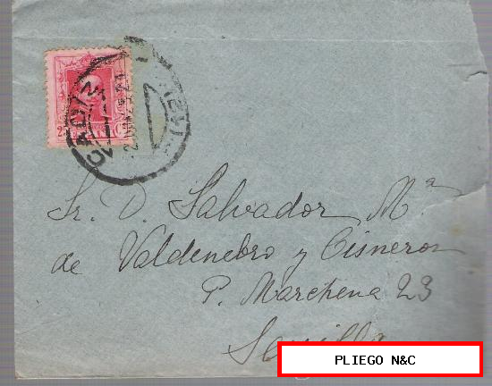 Carta de Cádiz a Sevilla. De 2 de Junio de 1925. Franqueado con sello 317