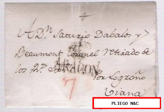 Carta de Zaragoza a Viana (por Logroño) De 7 de Enero de 1820. Con marca 23 N y 7 rojo