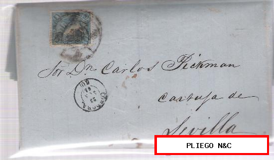 Carta de Córdoba a Sevilla. De 25 de Junio de 1865. Franqueado con sello 75A, matasello de rueda