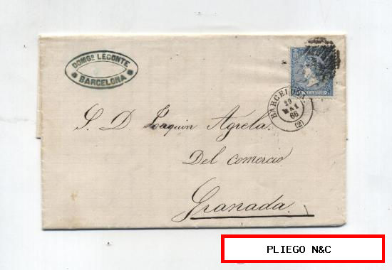 Carta de Barcelona a Granada de 29 Mayo 1866. Franqueado con sello 81, matasello parrilla y fechador de 1857 negro