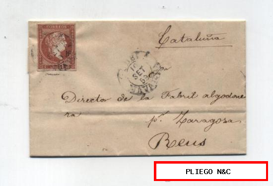 Carta de Tudela a Reus. De 10 Septiembre 1859. Franqueado con sello 48, matasellado con fechador de 1854 N