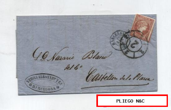 Carta de Barcelona a Castellón de la Plana. De 22 Enero 1859. Franqueado con sello 48, matasellado