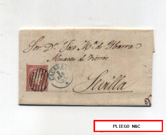 Carta de Cáceres a Sevilla. De 2 Abril 1857. Franqueado con sello 48, matasellado con parrilla N y fechador de 1854 azul