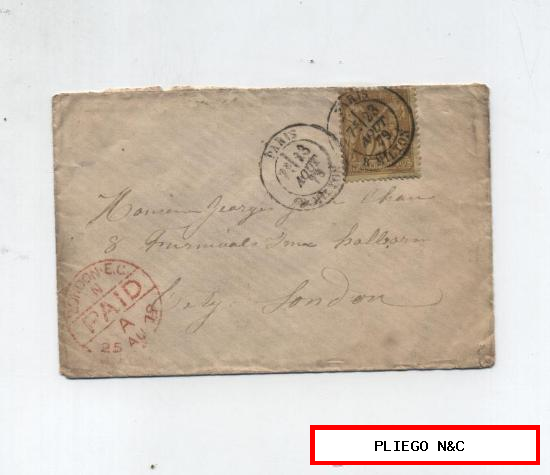 Carta de París a Londres. De 23 Agosto 1879. Franqueado con sello 25 c. Fechador de Londres