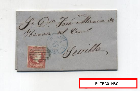 Carta de Zumaya a Sevilla. De 5 Julio 1857. Franqueado con sello 48, matasello parrilla azul y fechador de 1854 Azul de Azpeitia