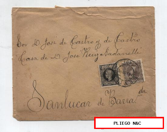 Carta de Sevilla a Sanlúcar de Barrameda. De 16 Agosto1898. Franqueada con sellos 219 y 240