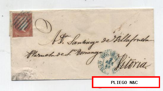 Carta de Mondragón a Vitoria. De 2 Abril 1858. Franqueado con sello 48, matasello parrilla azul y fechador verde