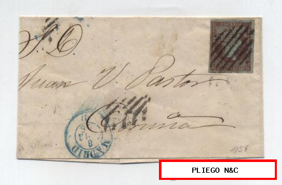 Carta de Madrid a Coruña de 8 Abril 1856. Franqueado con sello 44a, matasello rejilla negro y fechador verde