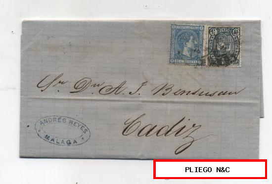 Carta de Málaga a Cádiz. De 4 Agosto 1875. Franqueado con sellos 154 y 164