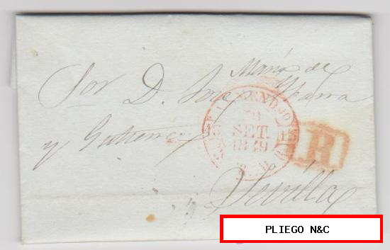 Carta de Almendralejo a Sevilla de 30 Set. 1849. Con Baeza 4 R. y porteo 1R rojo