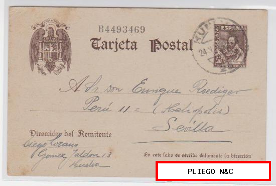 Tarjeta Entero Postal. De Huelva a Sevilla de 24 Nov. 1941. Edifil nº 83