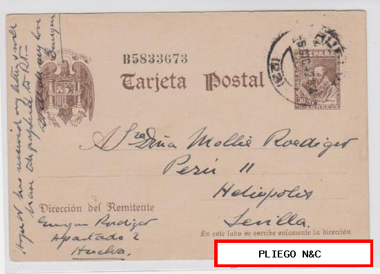 Tarjeta Entero Postal. De Huelva a Sevilla de 6 Diciembre. 1942. Edifil nº 83