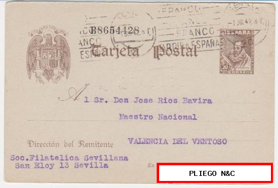 Tarjeta Entero Postal. De Sevilla a Valencia del Ventoso de 1 Julio. 1942. Edifil nº 83