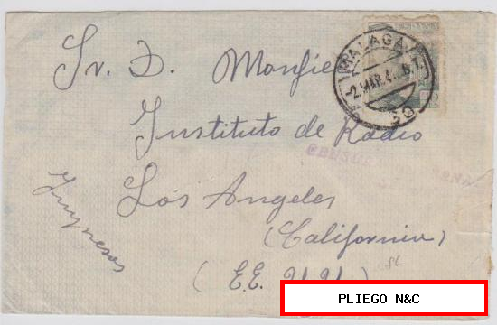 Carta de Málaga a Los Ángeles de 2 Marzo 1940. Franqueada con sello 870 y Censura Gubernamental