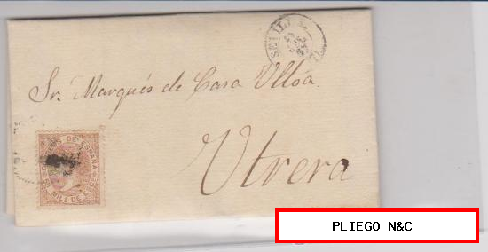 Carta de Sevilla a Utrera de 25 Oct. 1867. Franqueado con sello 96 y matasello rueda de carreta