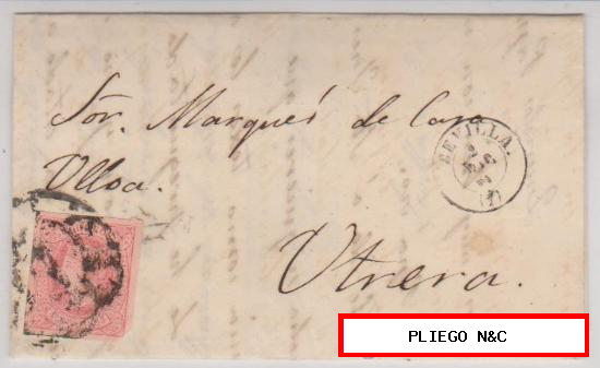 Carta de Sevilla a Utrera de 2 Diciem. 1864, Franqueado con sello 64 y matasello rueda de carreta