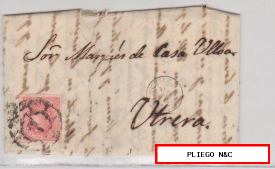 Carta de Sevilla a Utrera de 29 Octubre 1864. Franqueado con sello 44, matasello rueda de carreta y fechador negro