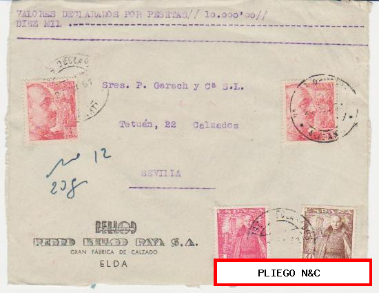 Frontal de Carta de Elda a Sevilla De 1951. Franqueado con pareja 933 más 1027 y 1032