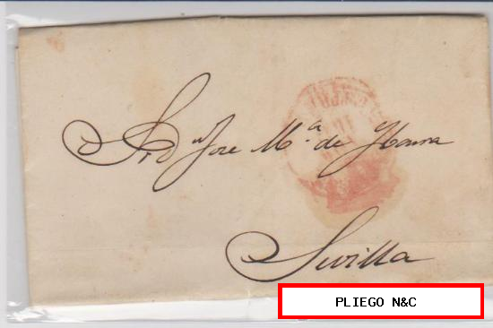 Carta de Cáceres a Sevilla de 2 Agosto 1849. Con Baeza 9 R. y marca de porteo 1 R. rojo