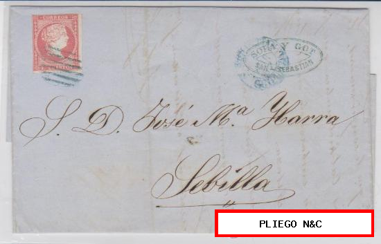 Carta de San Sebastián a Sevilla de 8 Abril 1857. Franqueado con sello 48, matasello parrilla azul