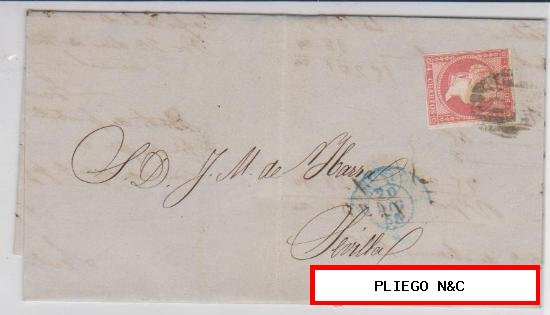 Carta de Barcelona a Sevilla de 20 Diciembre 1856. Franqueado con sello 44, matasello parrilla azul