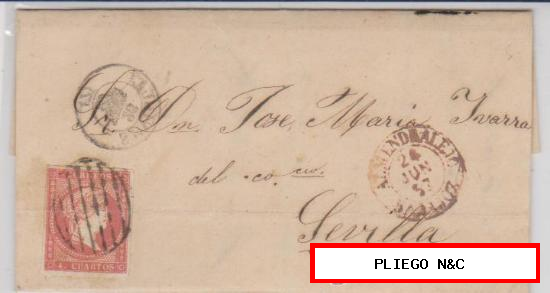 Cara de Almendralejo a Sevilla de 24 Junio 1857. Franqueado con sello 48, matasello parrilla negro y fechador
