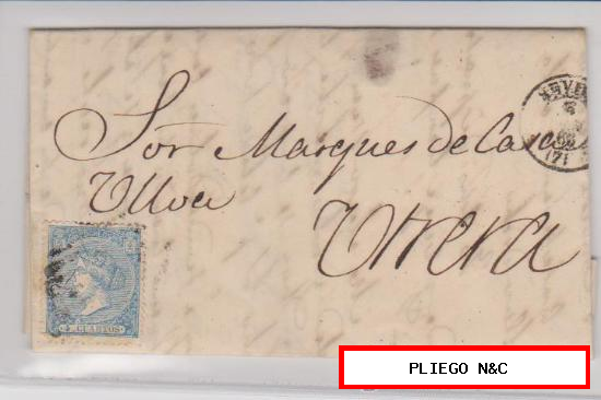 Carta de Sevilla a Utrera de 11 Agos. 1866. Franqueado con sello 81, matasello parrilla negra y fechador