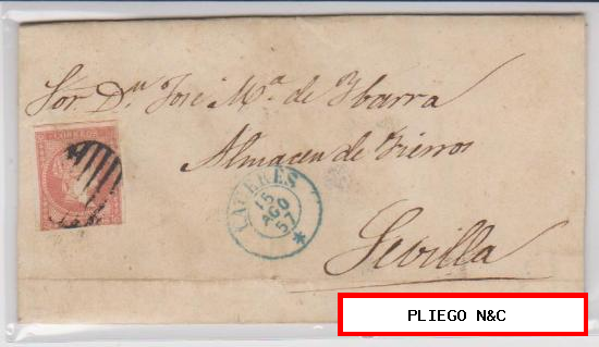 Carta de Cáceres a Sevilla de 15 Agos. 1857. Franqueado con sello 48, matasello parrilla negro y fechador