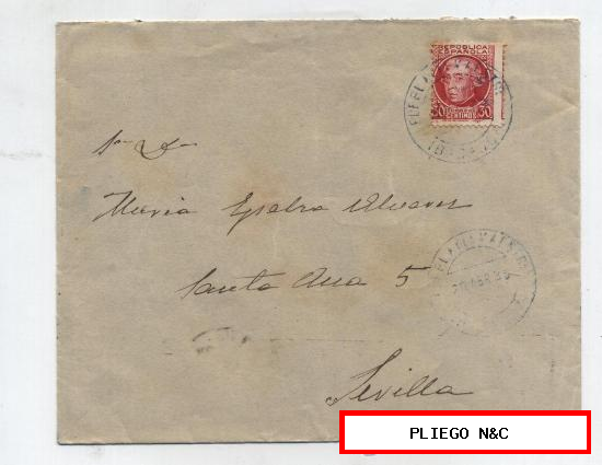 Carta de Puebla del Maestre a Sevilla de 20 Abril 1936. Franqueado con sello 687, doble matasello