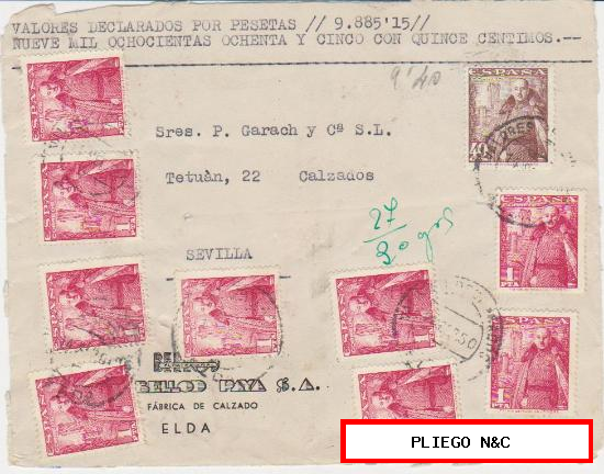 Frontal de carta de Elda a Sevilla de Sept. 1950. Franqueada con 9 sellos 1032 y 1 sello 1027