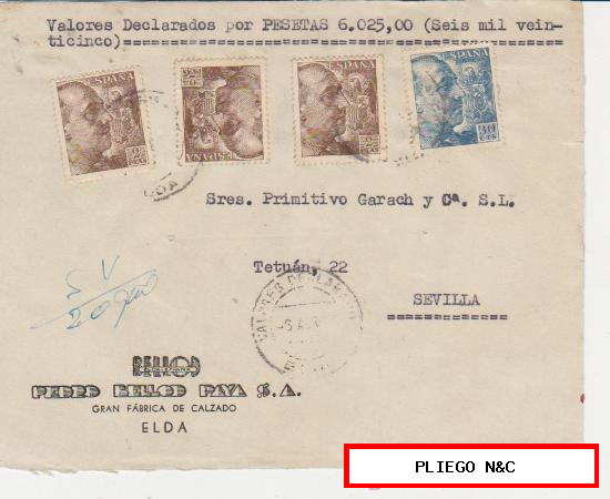 Frontal de carta de Elda a Sevilla. Franqueada con 3 sellos 932 y 1 sello 924. Matasellos