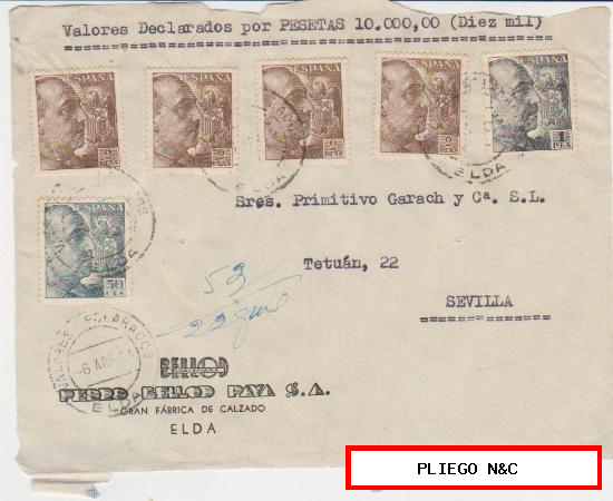 Frontal de Carta de Elda a Sevilla. Franqueada con 4 sellos 932, 1 sello 930 y un sello 927