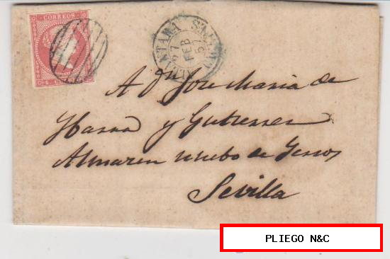 Carta de Alcántara a Sevilla de 27 Febrero de 1857. Franqueado con sello 48, matasellado