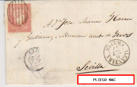 Carta de Alcántara a Sevilla de 11 Sept. 1857. Franqueado con sello 48 y matasello parrilla negro