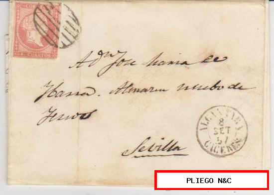 Carta de Alcántara a Sevilla de 8 Sept. 1857. Franqueado con sello 48 y matasello parrilla negro
