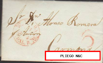 Carta de Morón a Carmona. De Enero de 1844 con Baeza nº 2 R. y 6 en rojo