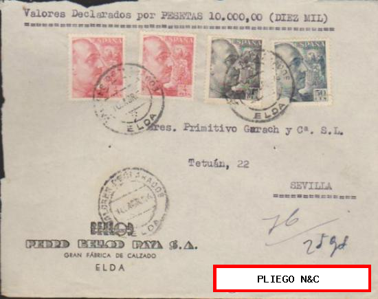 Frontal de carta de Elda a Sevilla. Del 10 Abr. 1954. Franqueado