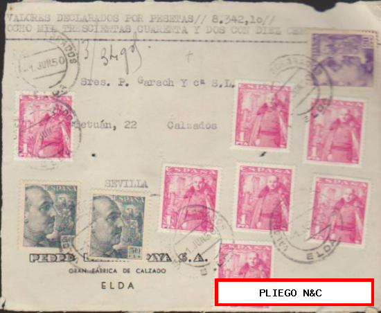 Frontal de carta de Elda a Sevilla de 1 Junio. 1950. Franqueado