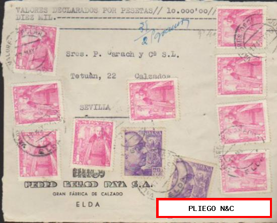 Frontal de carta de Elda a Sevilla de 17 may. 1950. Franqueado