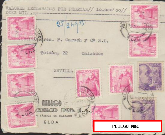 Frontal de carta de Elda a Sevilla de 15 May. 1950. Franqueado
