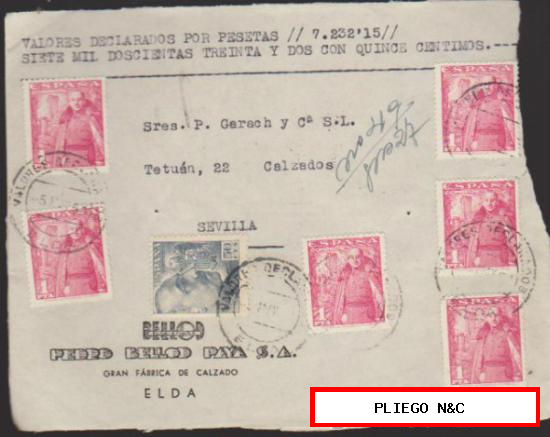 Frontal de carta de Elda a Sevilla. Del 5 May. 1951. Franqueado