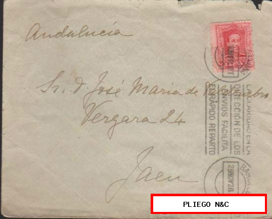 Carta de Barcelona a Sevilla. Del 29 Nov. 1928. Franqueado