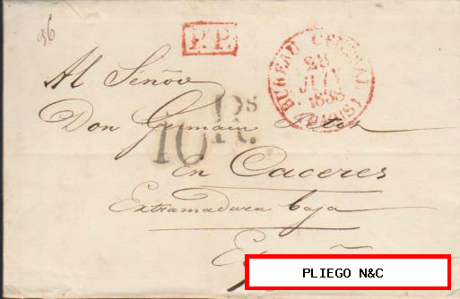 Carta de Paris a Cáceres del 28 Junio 1838. Con P.P. dentro de recuadro y porteo 10