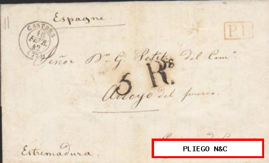 Carta de Castres a Arroyo del Puerco del 16 Feb. 1842. Matasellos de Castres