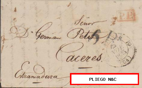 Carta de Bayona a Cáceres del 2 Nov. 1835. Fechador de Bayonne, P.P. rojo y porteo