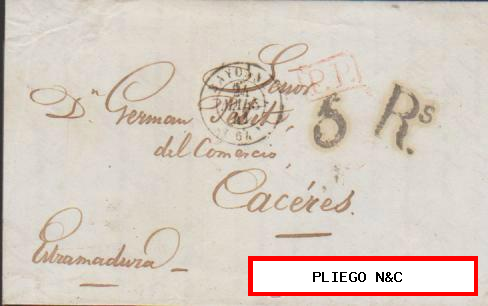 Carta de Bayona a Cáceres del 23 Marzo 1841. Fechador de Bayonne, P.P. rojo y porteo